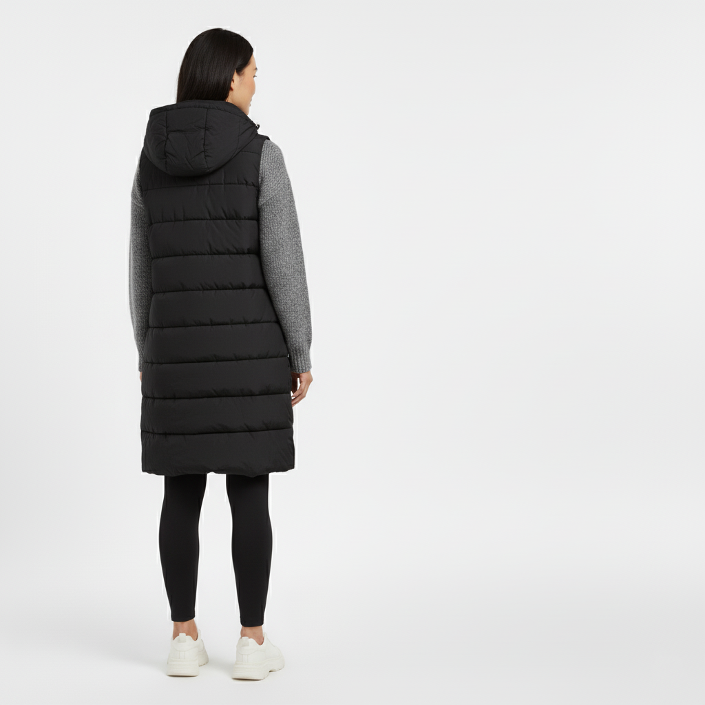 Back view of a long black hooded padded gilet worn over a grey knit jumper