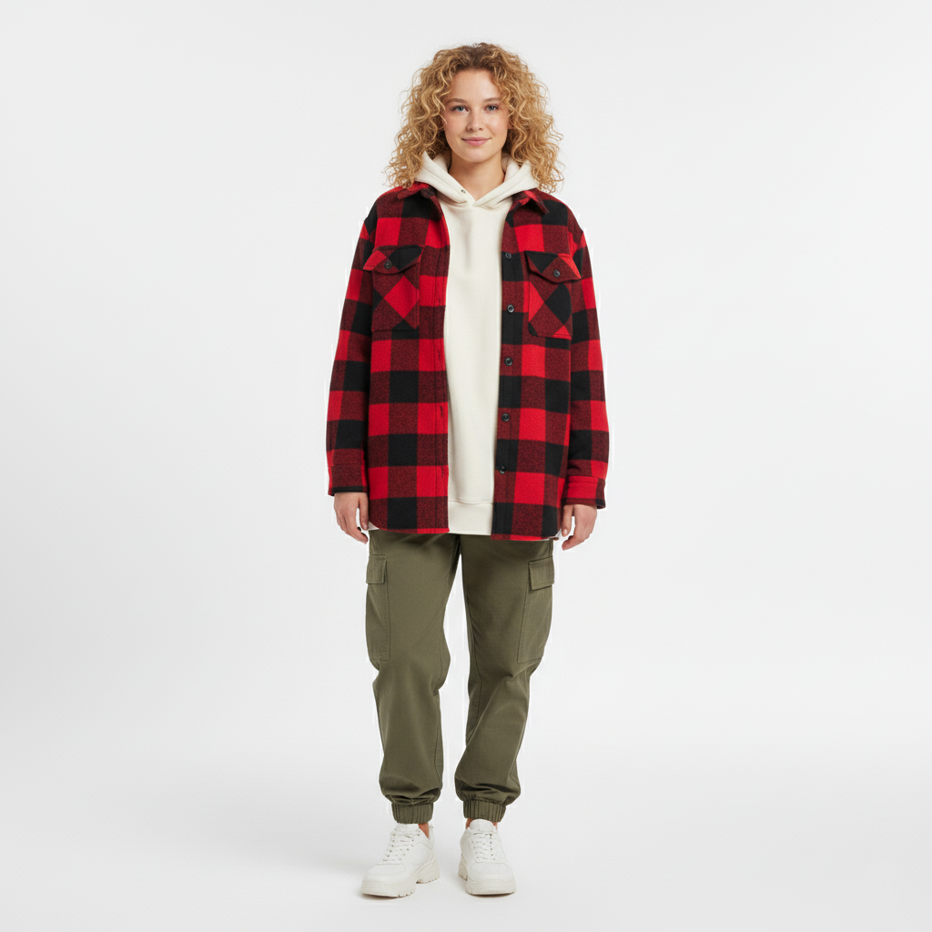 Front view of a red and black buffalo check overshirt with chest pockets