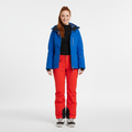 Front view of a bright blue insulated ski jacket with hood, worn open