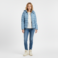 Front view of a light blue quilted hooded puffer jacket worn open
