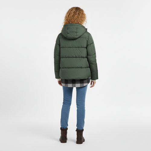 Back view of a green hooded puffer jacket with horizontal quilting