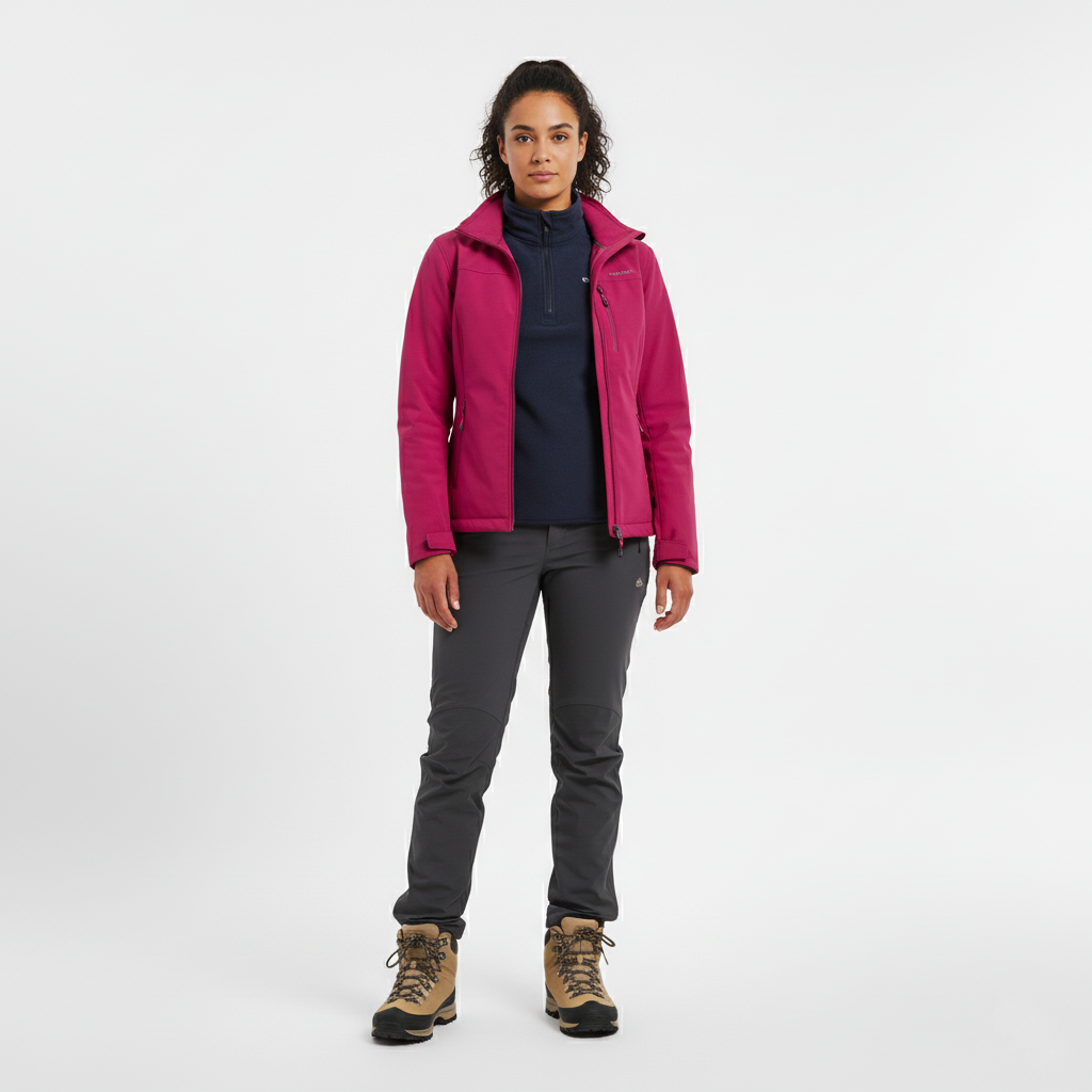 Front view of a pink softshell jacket worn open over a navy half zip fleece