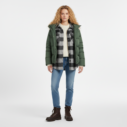 Green hooded padded jacket worn open over a checked overshirt, front view