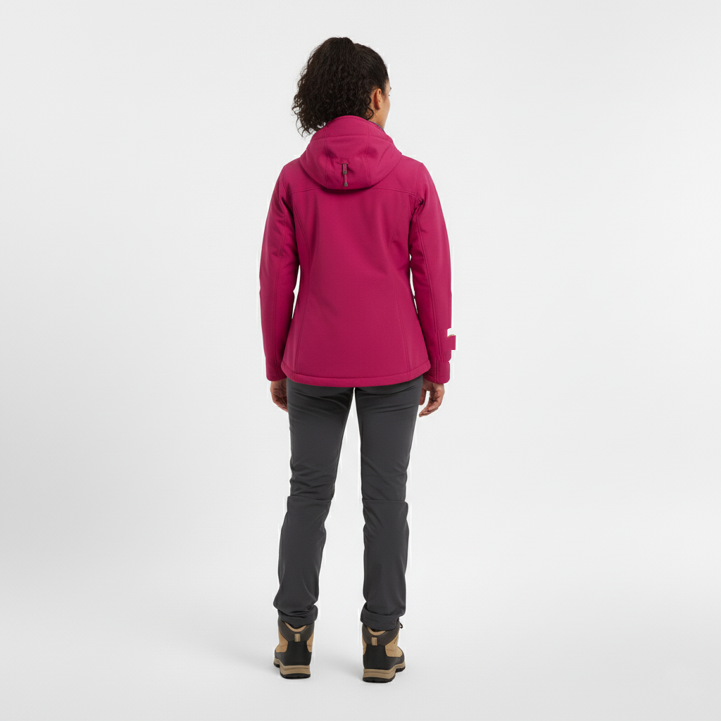 Back view of a woman in a berry pink hooded softshell jacket with grey outdoor trousers