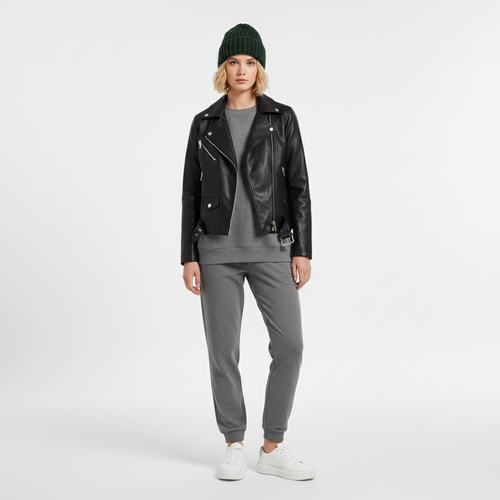 Black faux leather biker jacket worn open over a grey sweatshirt, front view
