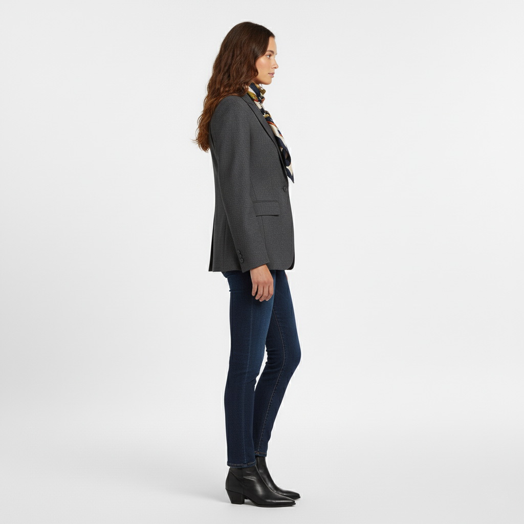 Side view of a fitted dark grey single breasted blazer with flap pockets