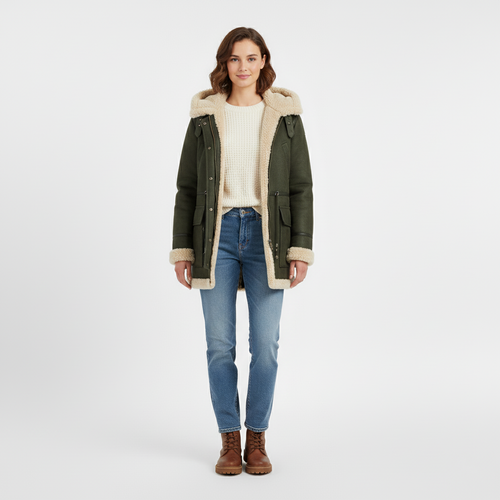 Front view of a green hooded winter coat with cream shearling lining