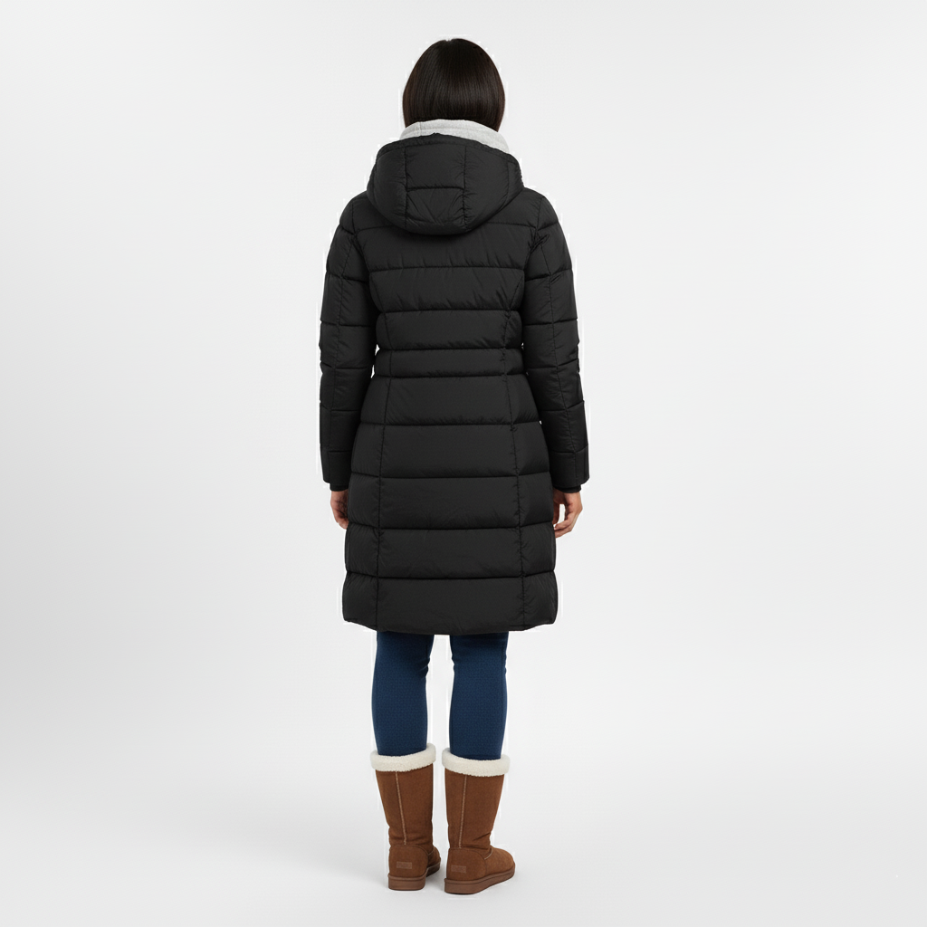 Back view of a long black hooded puffer coat with quilted panels