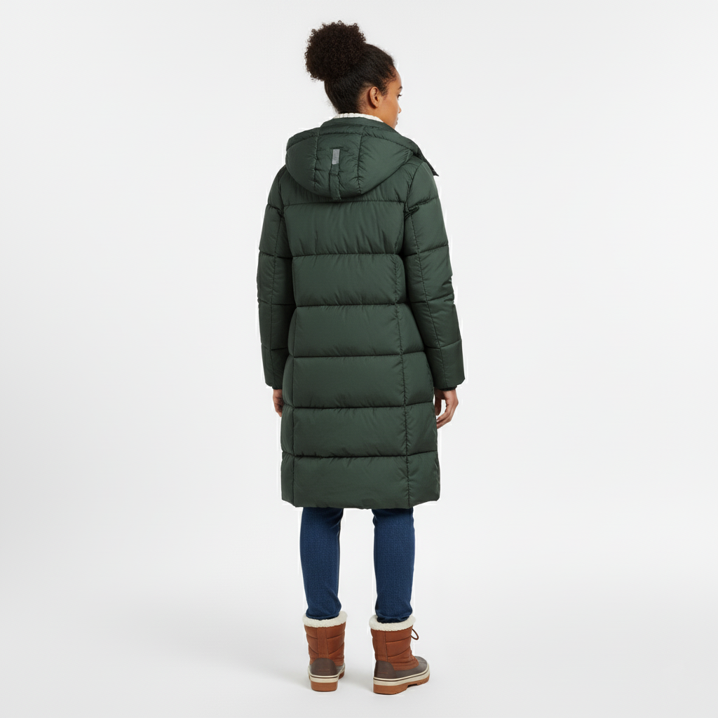 Back view of a woman in a long forest green hooded puffer coat with blue jeans