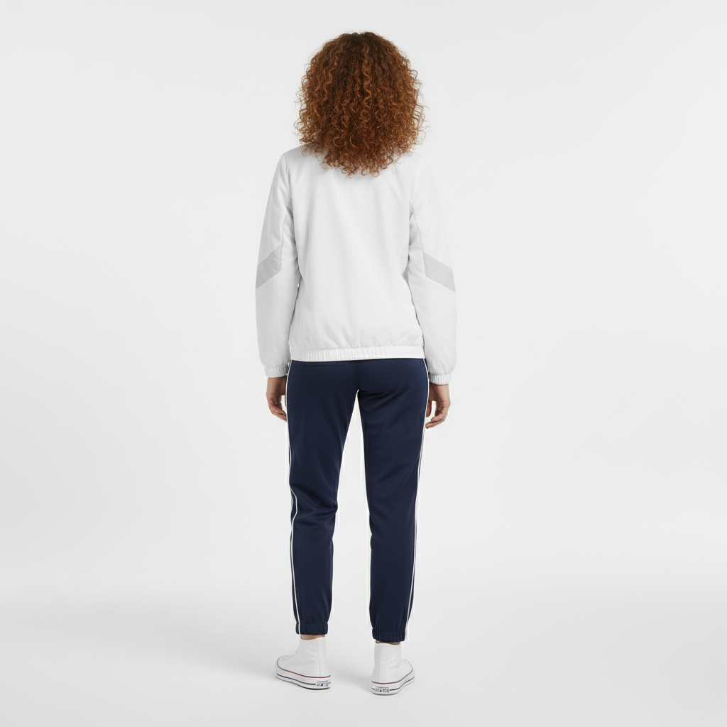 Back view of a white zip up track jacket with grey shoulder panels