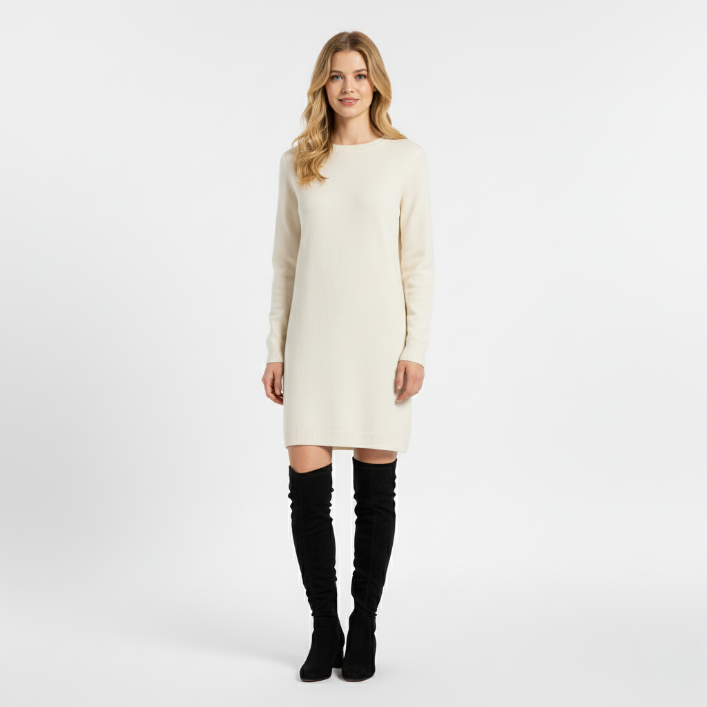 Cream knitted long sleeve dress at knee length, front view with black over the knee boots