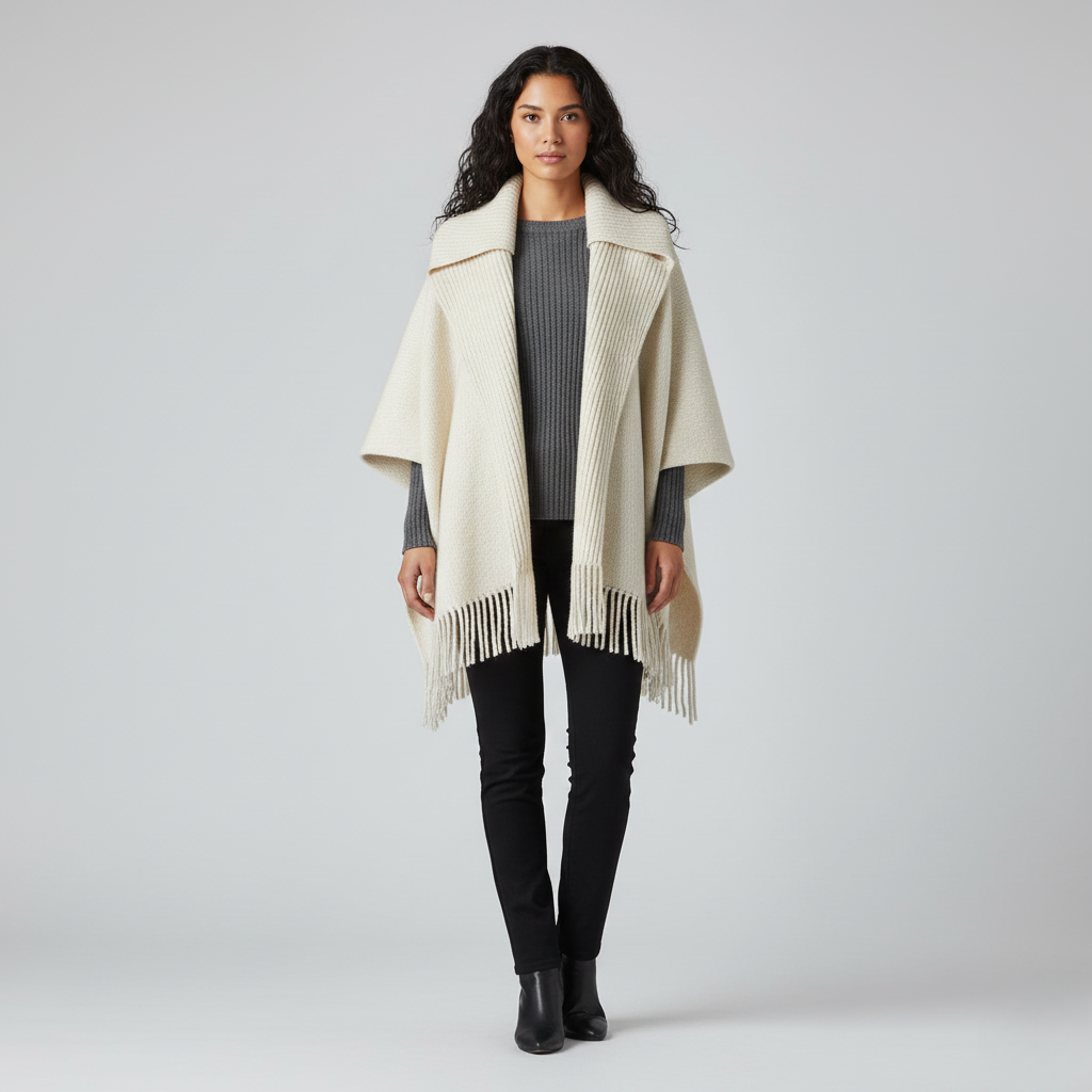 Front view of a cream knitted poncho with a wide collar and fringed hem