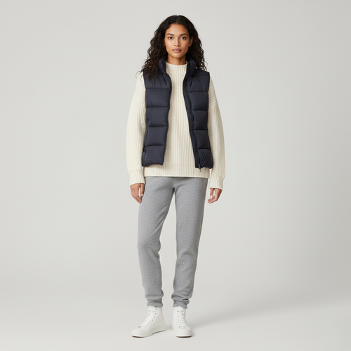 Navy padded gilet with stand collar worn open over a cream knit, front view