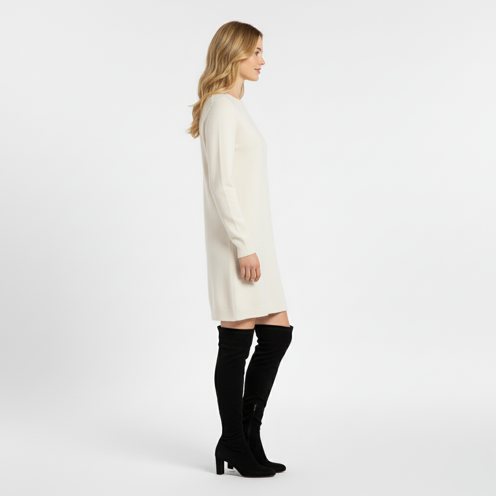Side view of a cream knitted dress with long sleeves and a round neckline