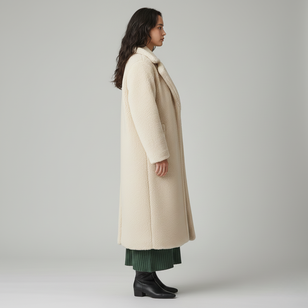 Side view of a long cream teddy coat with notch lapels and side pockets