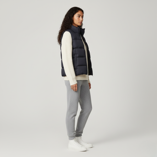 Side view of a woman in a navy quilted down vest worn over a cream knit jumper